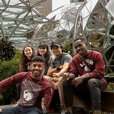 SPU students pose by the Amazon Spheres | photo by Dan Sheehan